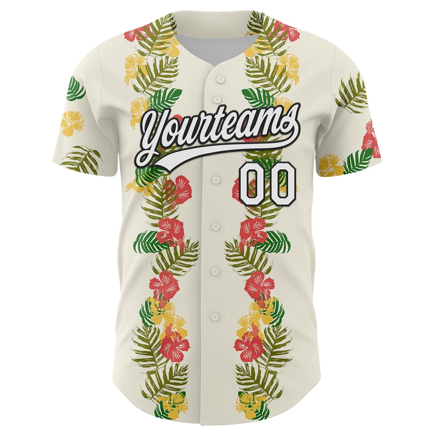 Custom White Black 3D Tropical Hawaii Leaves And Flower Authentic Baseball Jersey baseball jersey product view 2