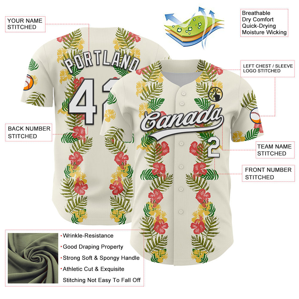 Custom White Black 3D Tropical Hawaii Leaves And Flower Authentic Baseball Jersey baseball jersey product view 3