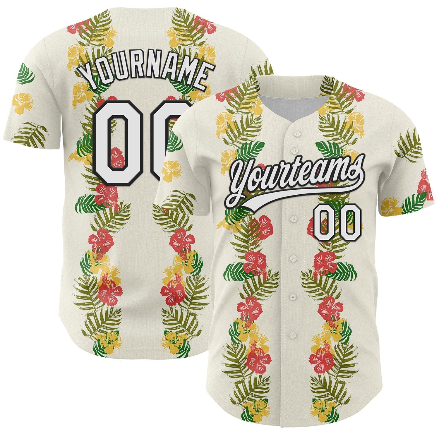 Custom White Black 3D Tropical Hawaii Leaves And Flower Authentic Baseball Jersey baseball jersey product view 1