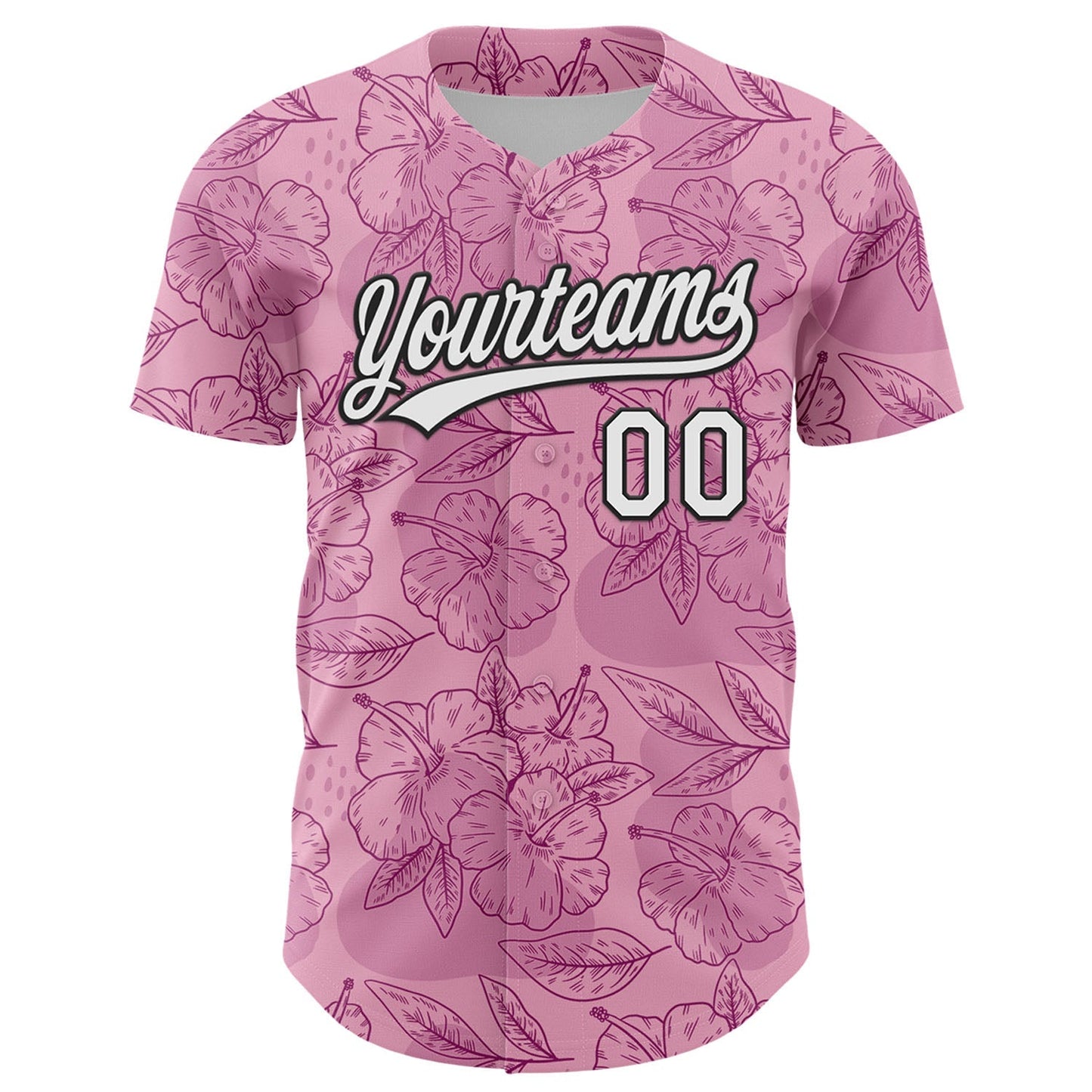 Custom Light Pink White-Black 3D Tropical Hawaii Jungle Leaves And Flower Authentic Baseball Jersey baseball jersey product view 2