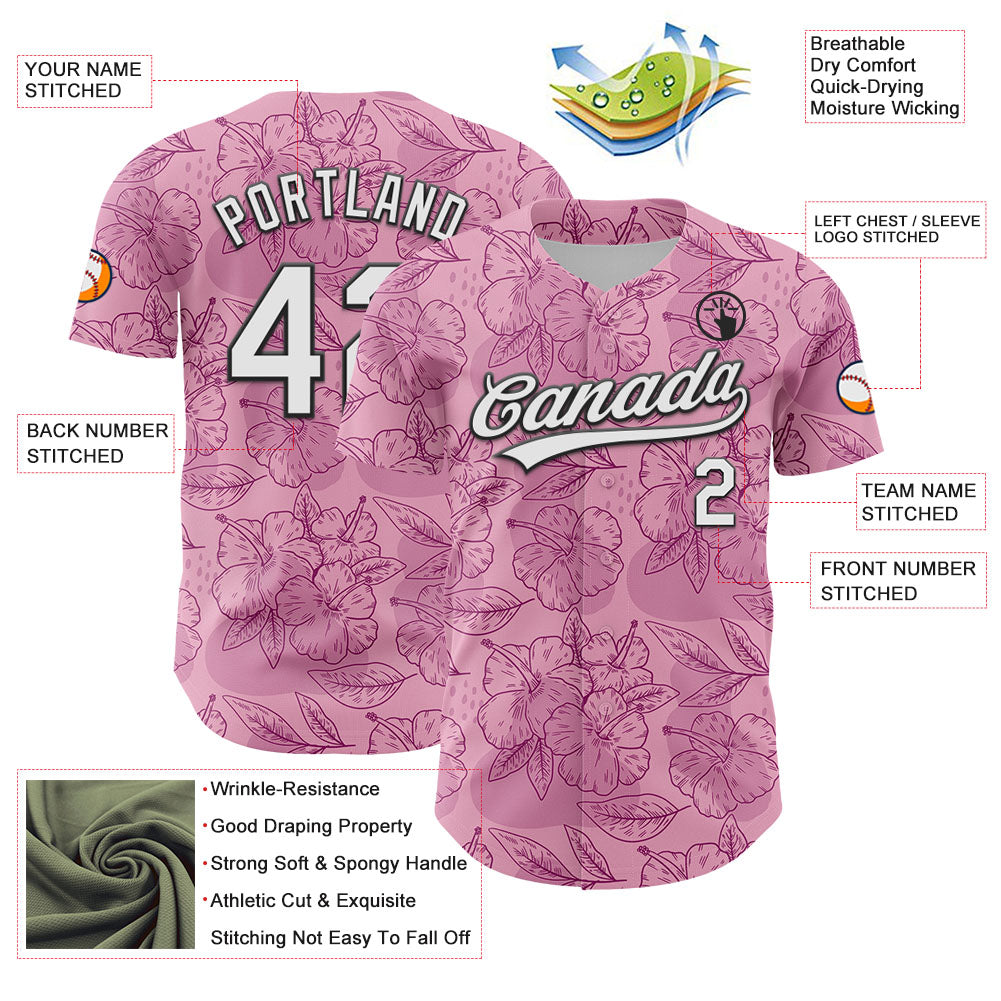 Custom Light Pink White-Black 3D Tropical Hawaii Jungle Leaves And Flower Authentic Baseball Jersey baseball jersey product view 3