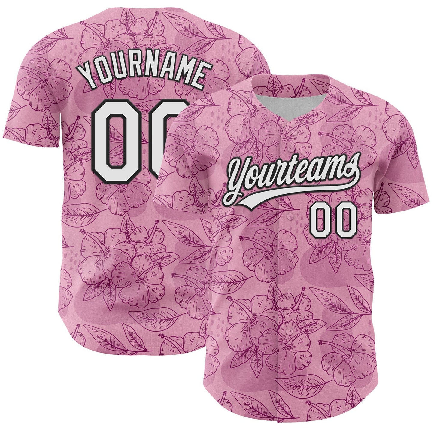 Custom Light Pink White-Black 3D Tropical Hawaii Jungle Leaves And Flower Authentic Baseball Jersey baseball jersey product view 1