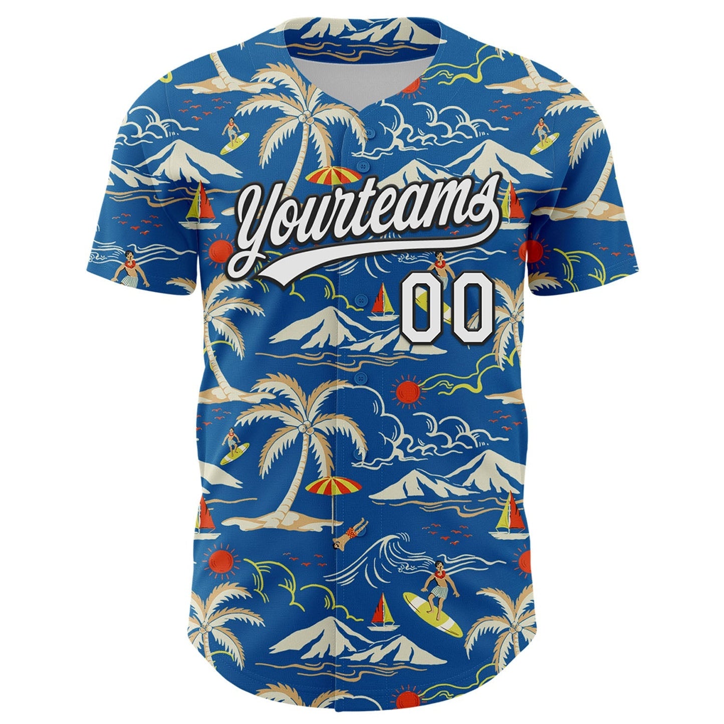 Custom Blue White-Black 3D Tropical Beach Island Hawaii Palm Tree Authentic Baseball Jersey baseball jersey product view 2