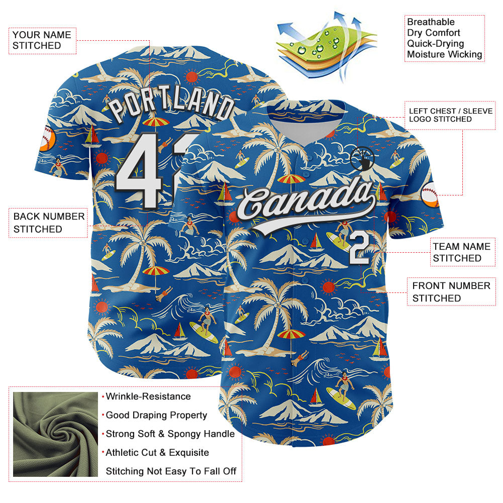 Custom Blue White-Black 3D Tropical Beach Island Hawaii Palm Tree Authentic Baseball Jersey baseball jersey product view 3