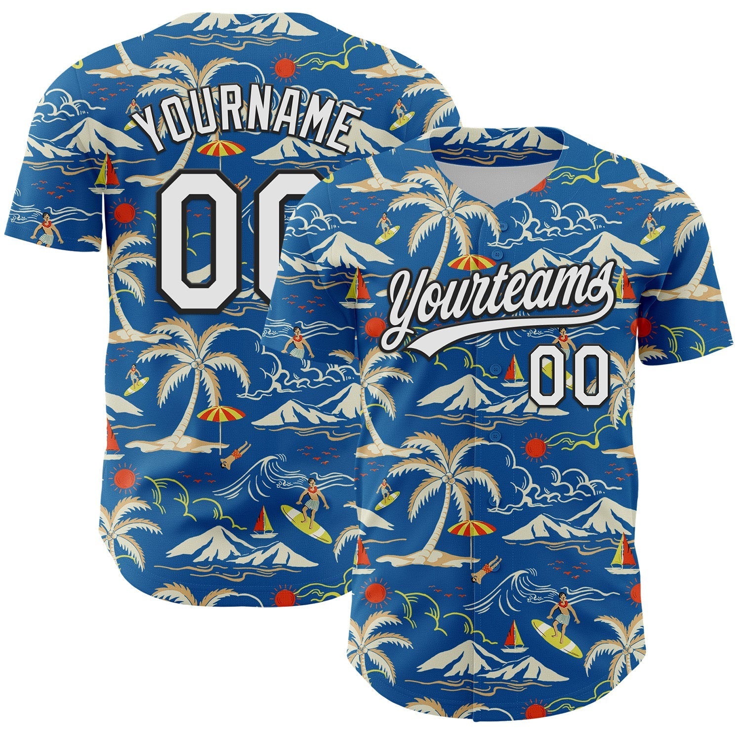 Custom Blue White-Black 3D Tropical Beach Island Hawaii Palm Tree Authentic Baseball Jersey baseball jersey product view 1