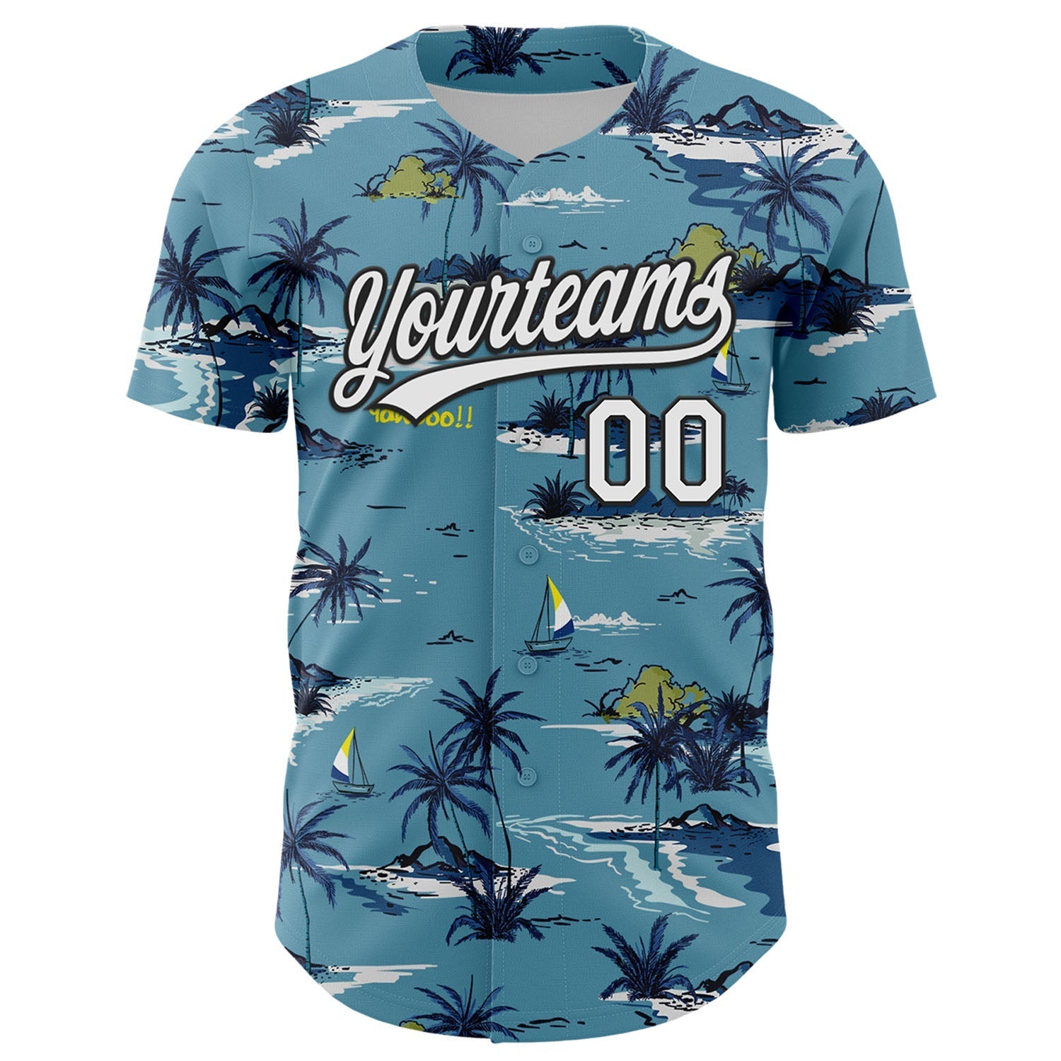Custom Shadow Blue White-Black 3D Tropical Beach Island Hawaii Palm Tree Authentic Baseball Jersey baseball jersey product view 2
