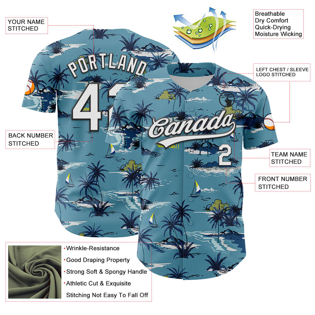 Custom Shadow Blue White-Black 3D Tropical Beach Island Hawaii Palm Tree Authentic Baseball Jersey baseball jersey product view 3