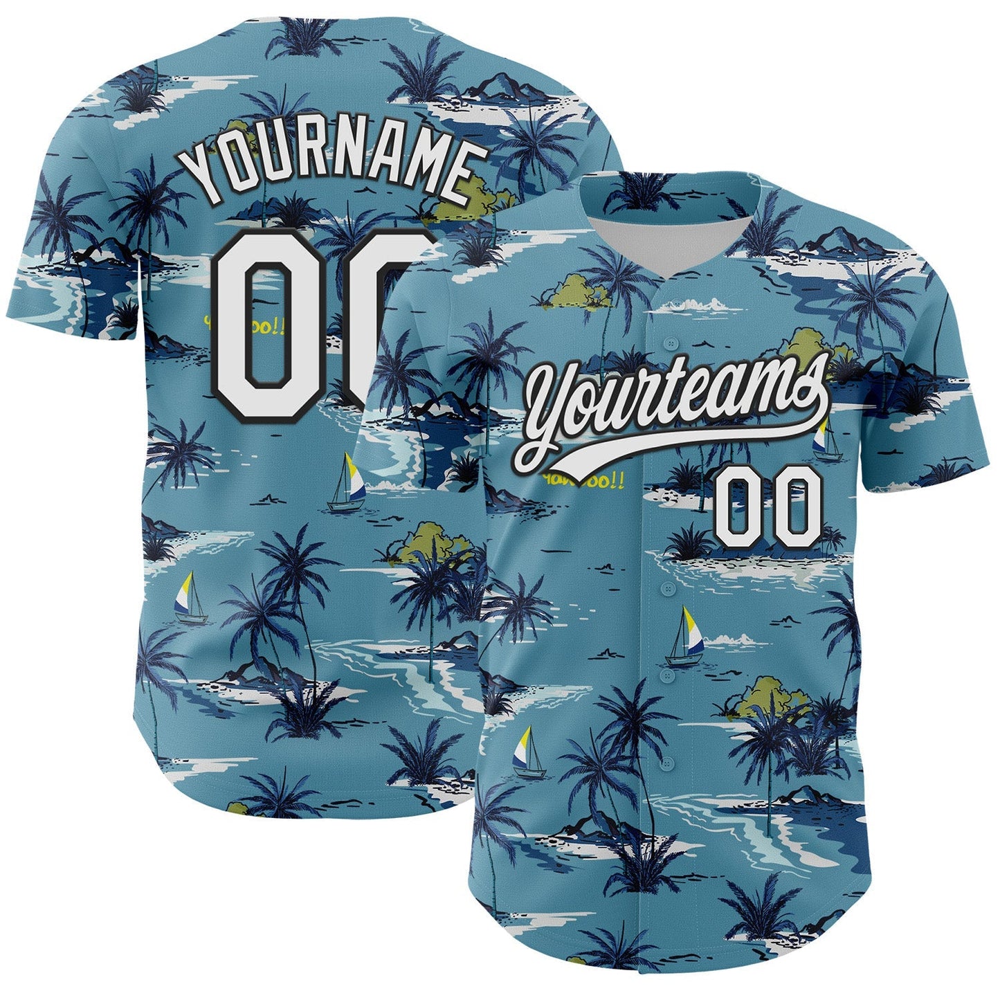 Custom Shadow Blue White-Black 3D Tropical Beach Island Hawaii Palm Tree Authentic Baseball Jersey baseball jersey product view 1