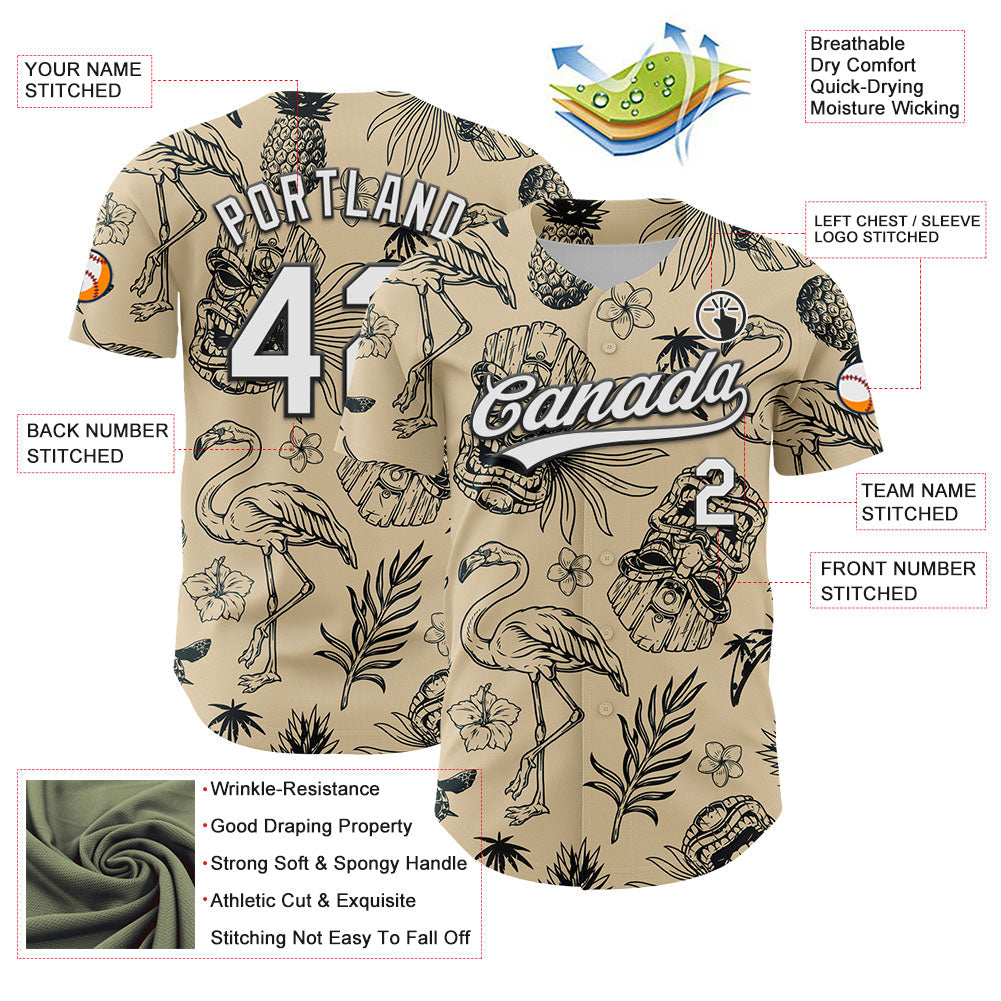 Custom City Cream White-Black 3D Tropical Hawaii Plant And Flamingo Authentic Baseball Jersey baseball jersey product view 3