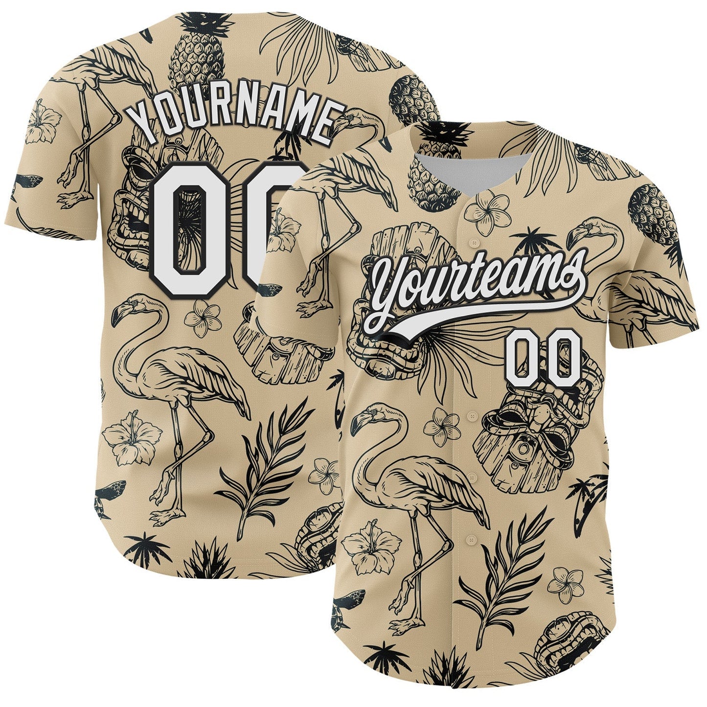 Custom City Cream White-Black 3D Tropical Hawaii Plant And Flamingo Authentic Baseball Jersey baseball jersey product view 1
