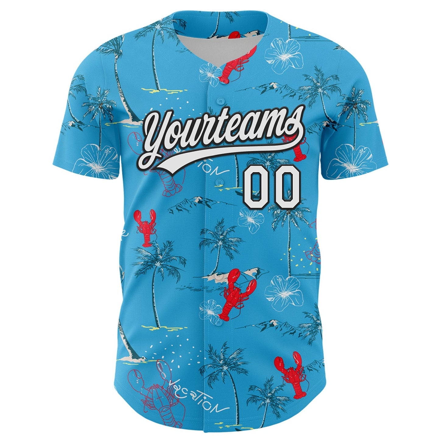 Custom Sky Blue White-Black 3D Tropical Beach Hawaii Palm Tree And Lobster Authentic Baseball Jersey baseball jersey product view 2