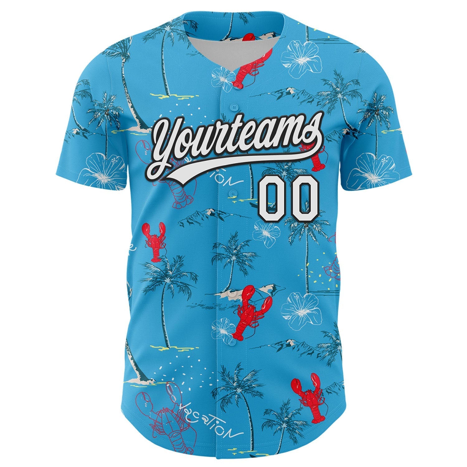 Custom Sky Blue White-Black 3D Tropical Beach Hawaii Palm Tree And Lobster Authentic Baseball Jersey baseball jersey product view 2