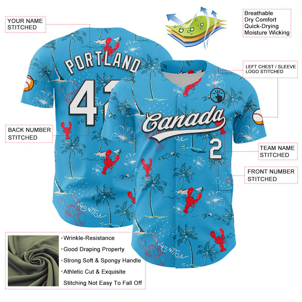 Custom Sky Blue White-Black 3D Tropical Beach Hawaii Palm Tree And Lobster Authentic Baseball Jersey baseball jersey product view 3