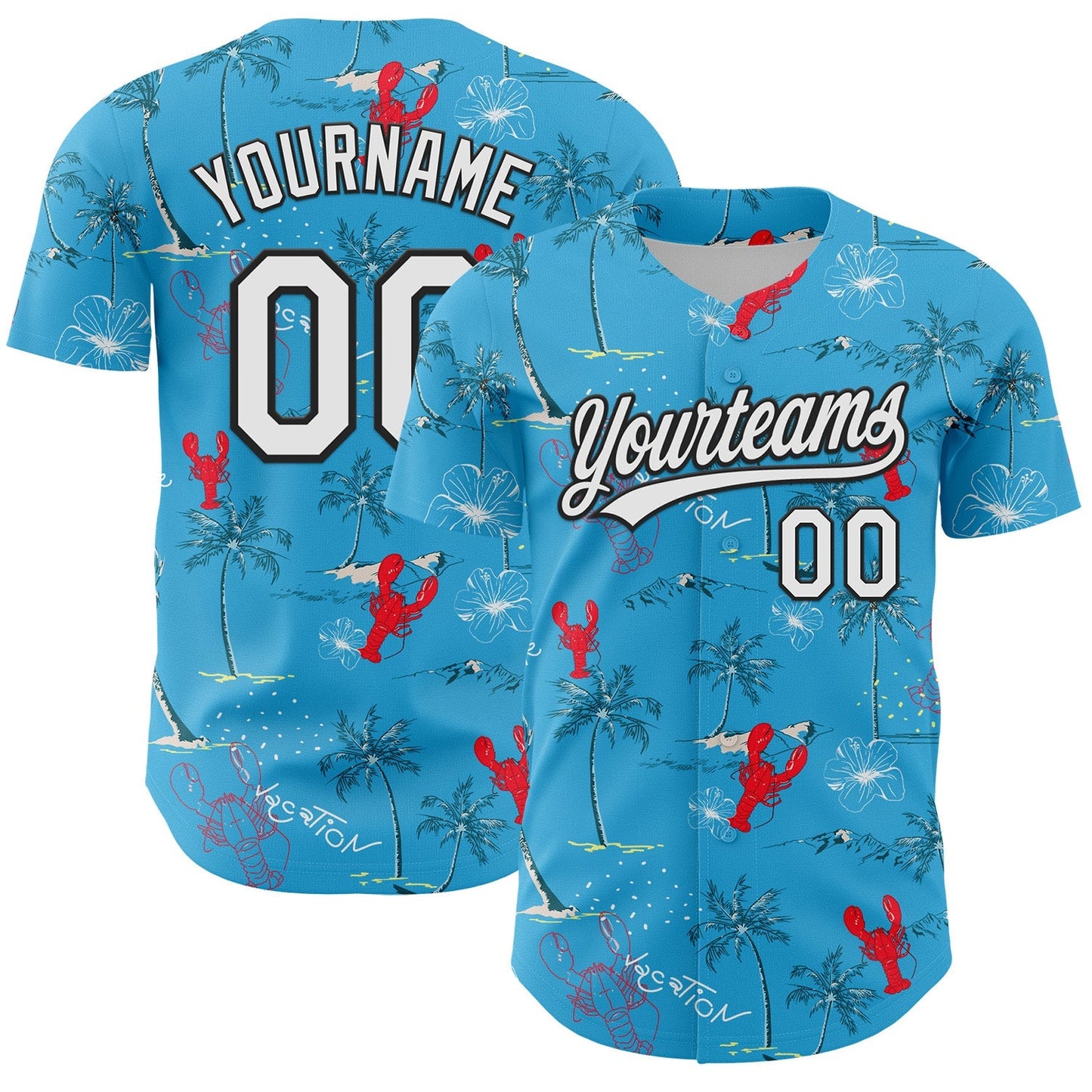 Custom Sky Blue White-Black 3D Tropical Beach Hawaii Palm Tree And Lobster Authentic Baseball Jersey baseball jersey product view 1