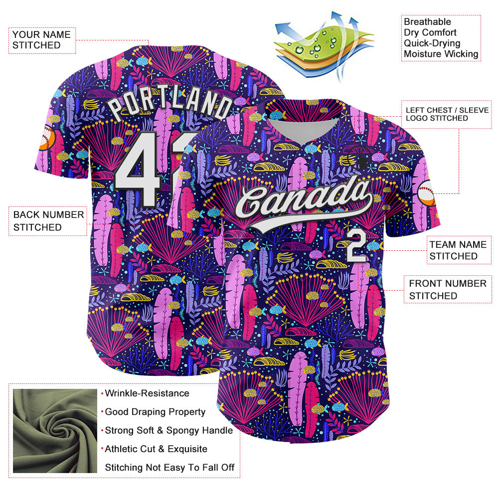 Custom Purple White-Black 3D Tropical Hawaii Plant Authentic Baseball Jersey baseball jersey product view 3
