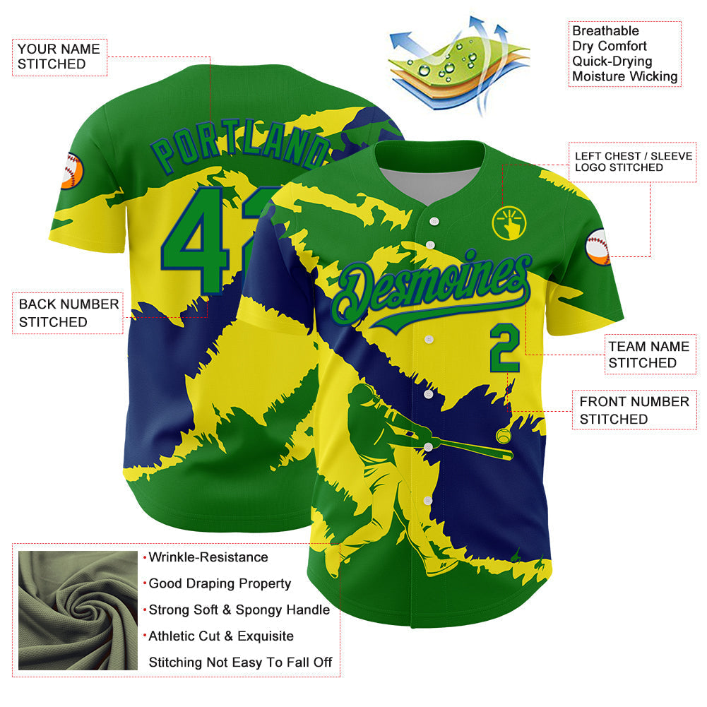 Custom Grass Green US Navy Blue-Light Yellow 3D Brazil Brazilian Flag Authentic Baseball Jersey baseball jersey product view 3