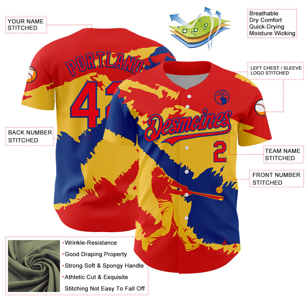 Custom Fire Red Royal-Yellow 3D Colombia Colombian Flag Authentic Baseball Jersey baseball jersey product view 3