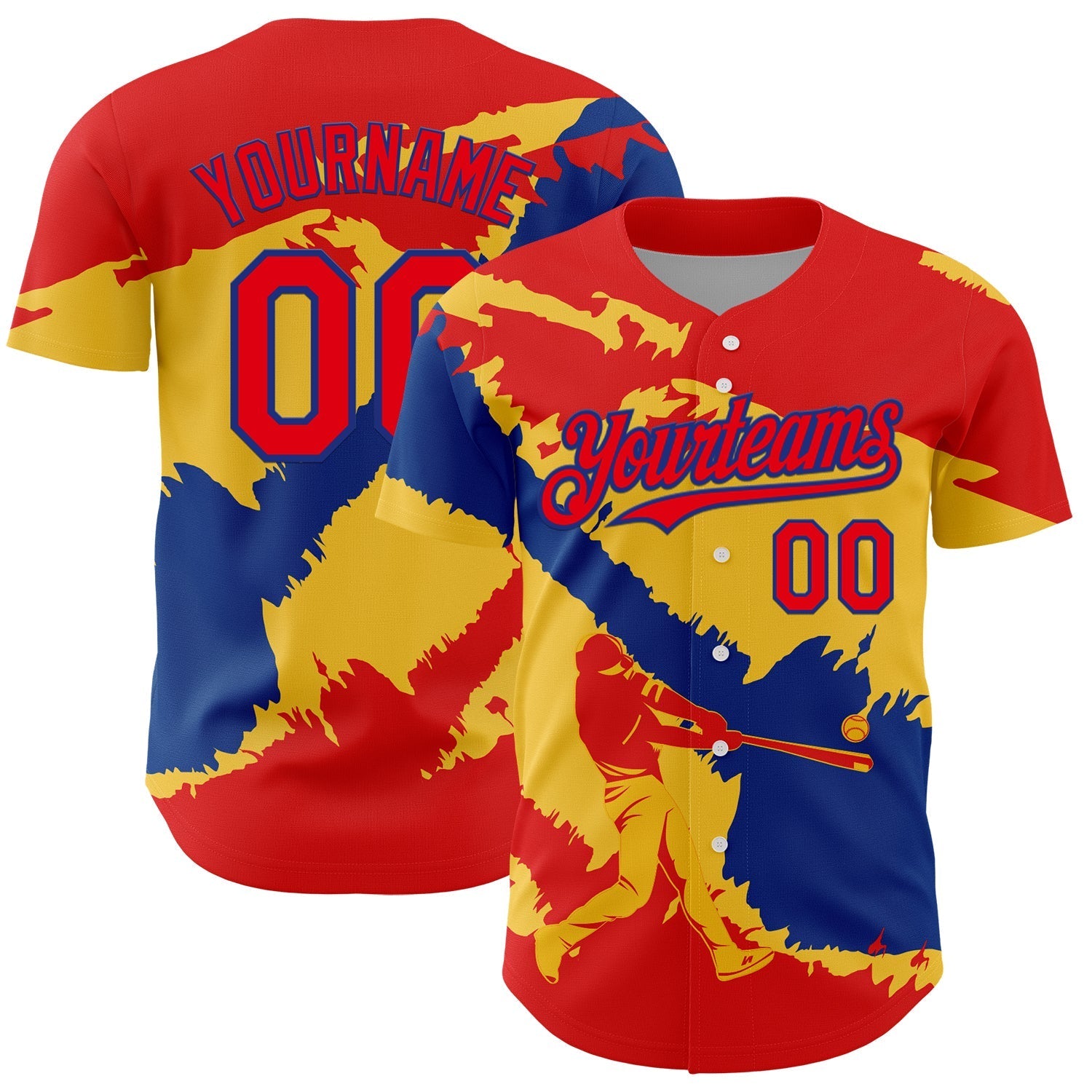 Custom Fire Red Royal-Yellow 3D Colombia Colombian Flag Authentic Baseball Jersey baseball jersey product view 1