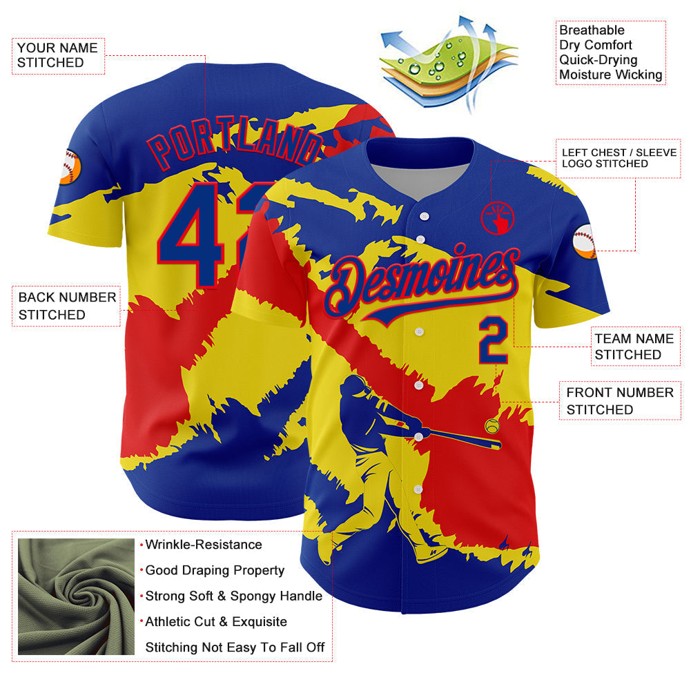 Custom Royal Fire Red-Light Yellow 3D Ecuador Ecuadorian Flag Authentic Baseball Jersey baseball jersey product view 3