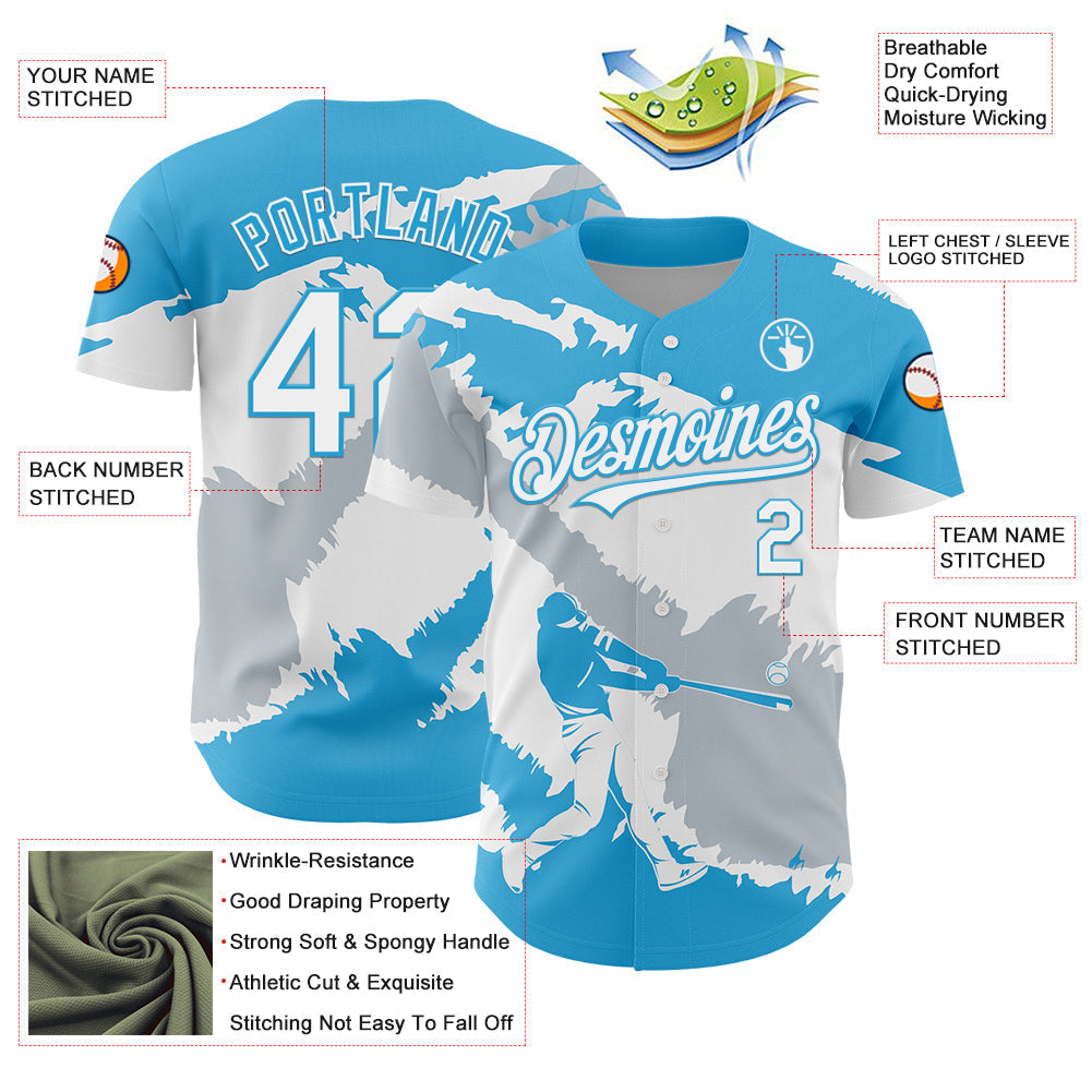 Custom Sky Blue White-Silver 3D Guatemala Guatemalan Flag Authentic Baseball Jersey baseball jersey product view 3
