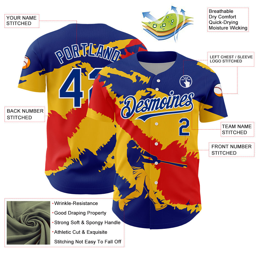 Custom Royal Yellow-Fire Red 3D Venezuela Venezuelan Flag Authentic Baseball Jersey baseball jersey product view 3