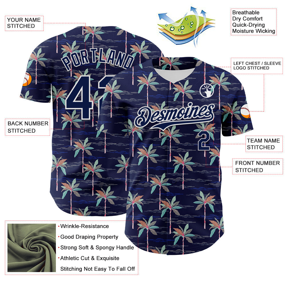 Custom Navy White 3D Hawaii Beach Tropical Palm Tree Authentic Baseball Jersey baseball jersey product view 3