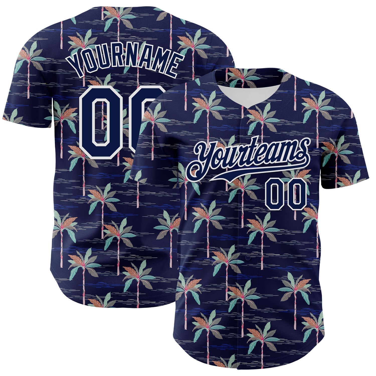 Custom Navy White 3D Hawaii Beach Tropical Palm Tree Authentic Baseball Jersey baseball jersey product view 1