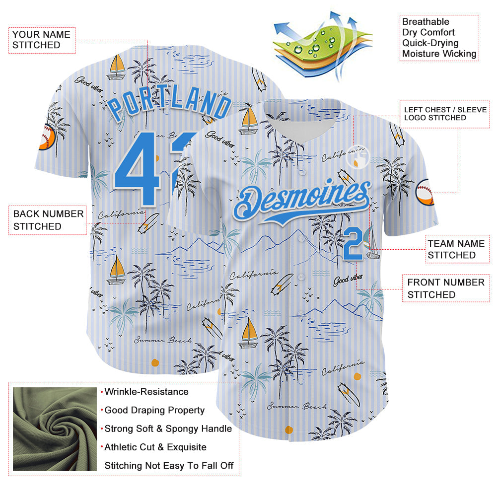 Custom White Electric Blue 3D Hawaii Beach Tropical Palm Tree Authentic Baseball Jersey baseball jersey product view 3