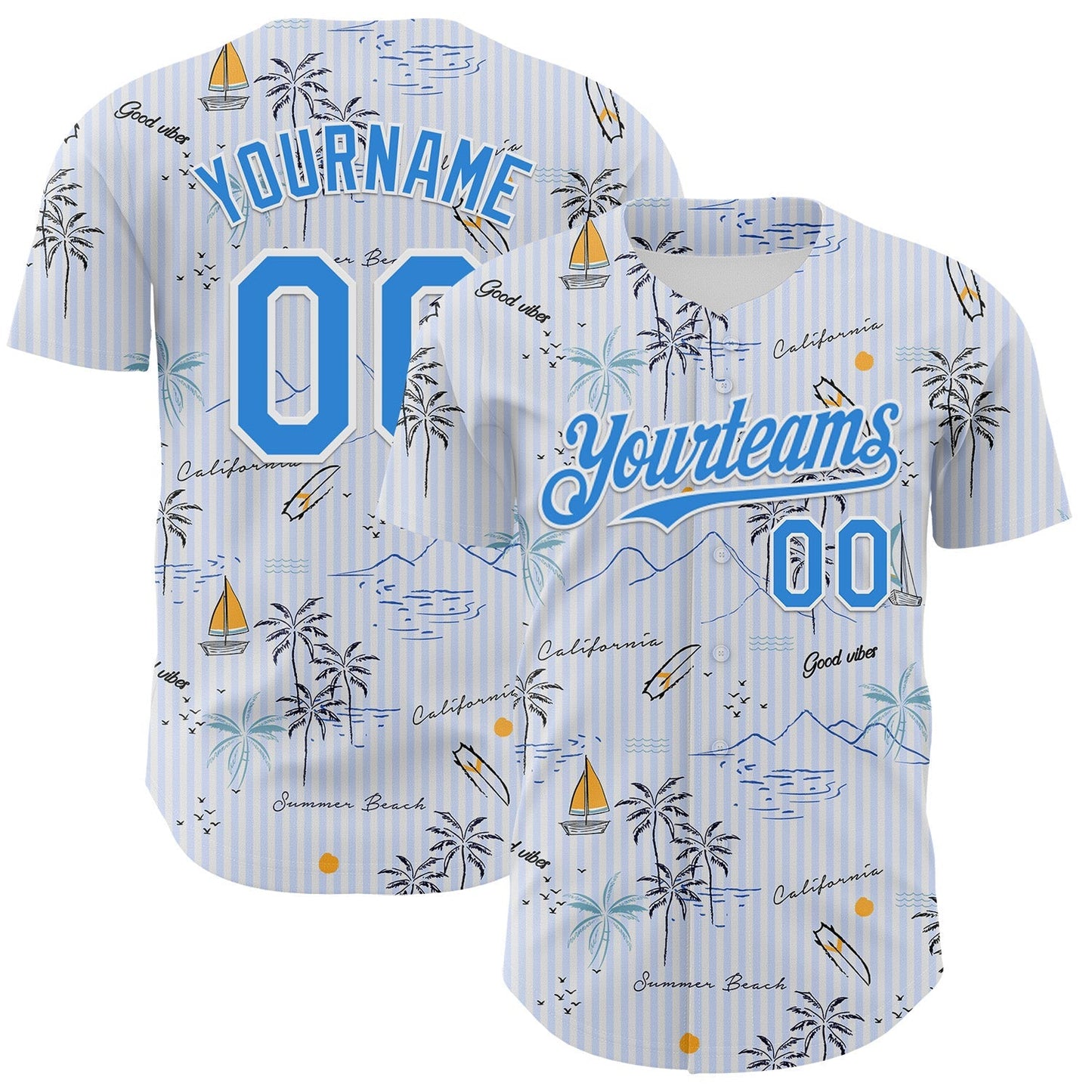 Custom White Electric Blue 3D Hawaii Beach Tropical Palm Tree Authentic Baseball Jersey baseball jersey product view 1