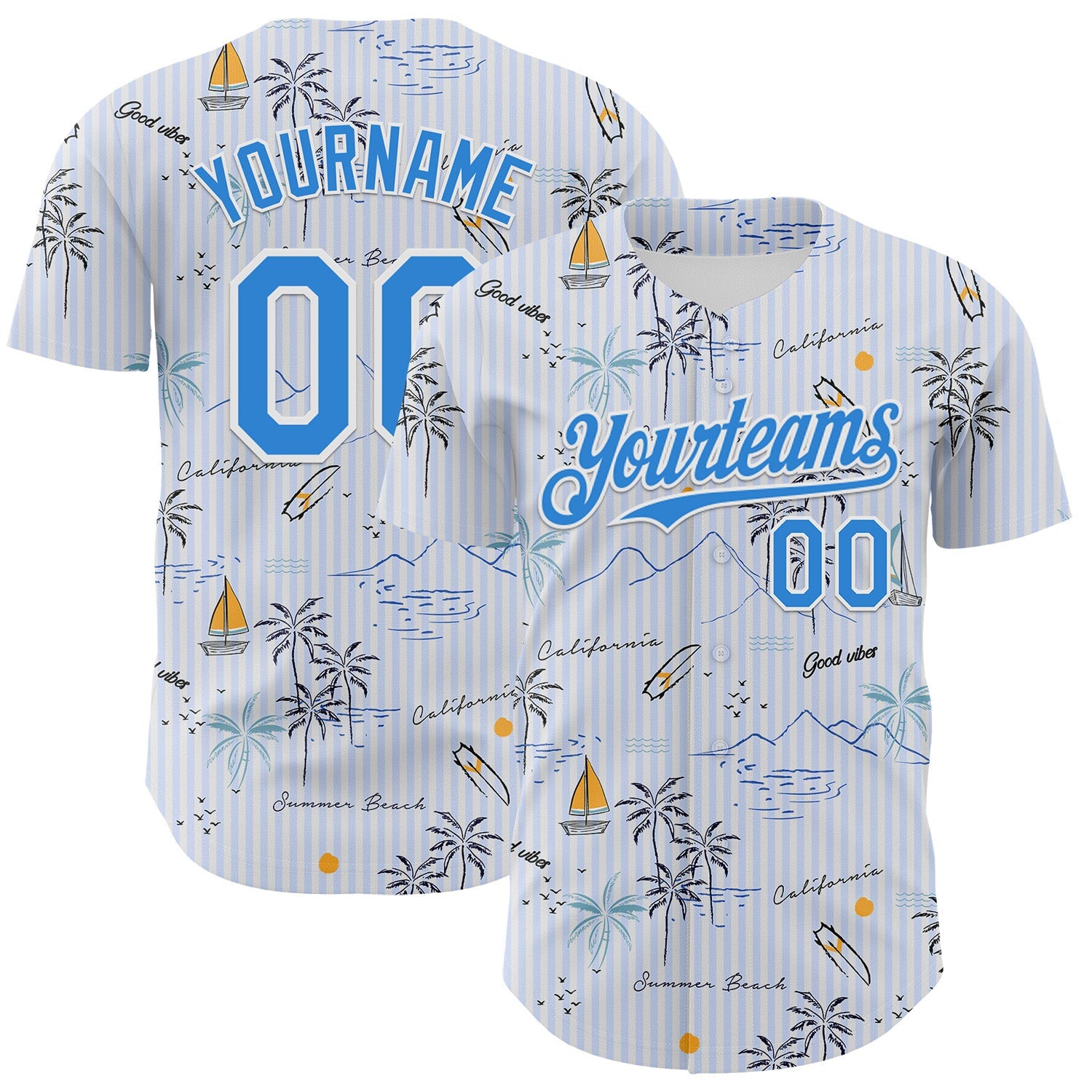 Custom White Electric Blue 3D Hawaii Beach Tropical Palm Tree Authentic Baseball Jersey baseball jersey product view 1