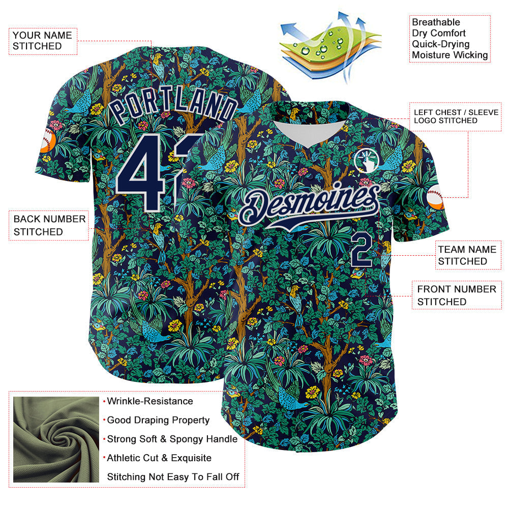 Custom Navy White 3D Hawaii Tropical Jungle Bird Authentic Baseball Jersey baseball jersey product view 3