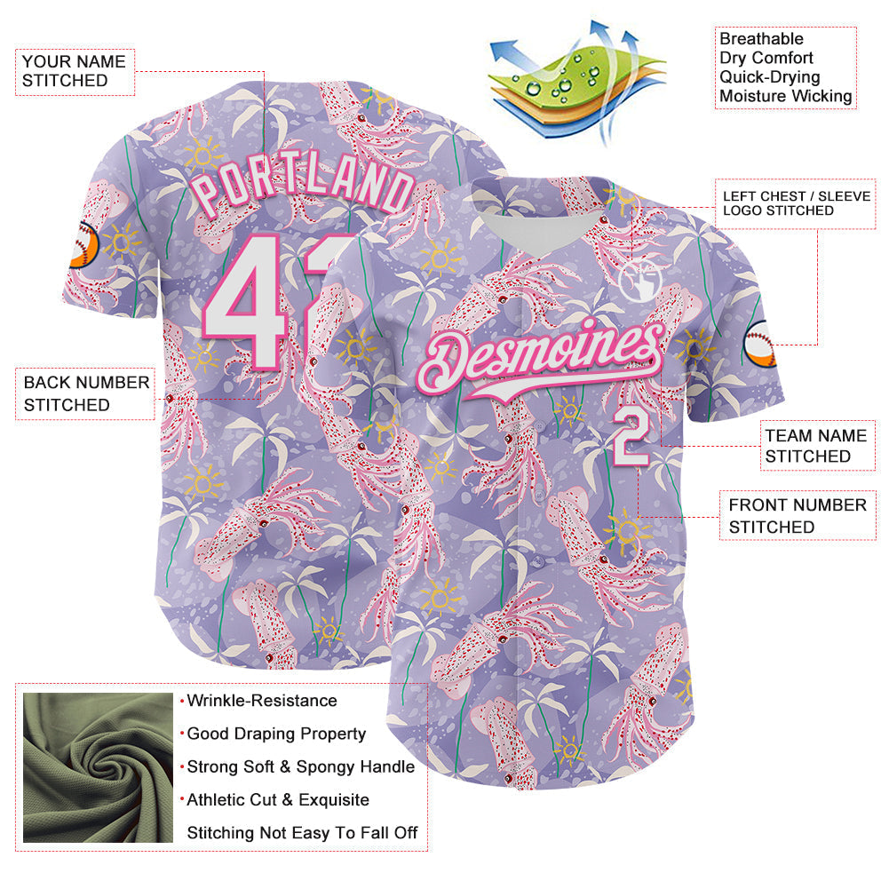 Custom Light Purple White-Pink 3D Hawaii Beach Tropical Octopus Authentic Baseball Jersey baseball jersey product view 3