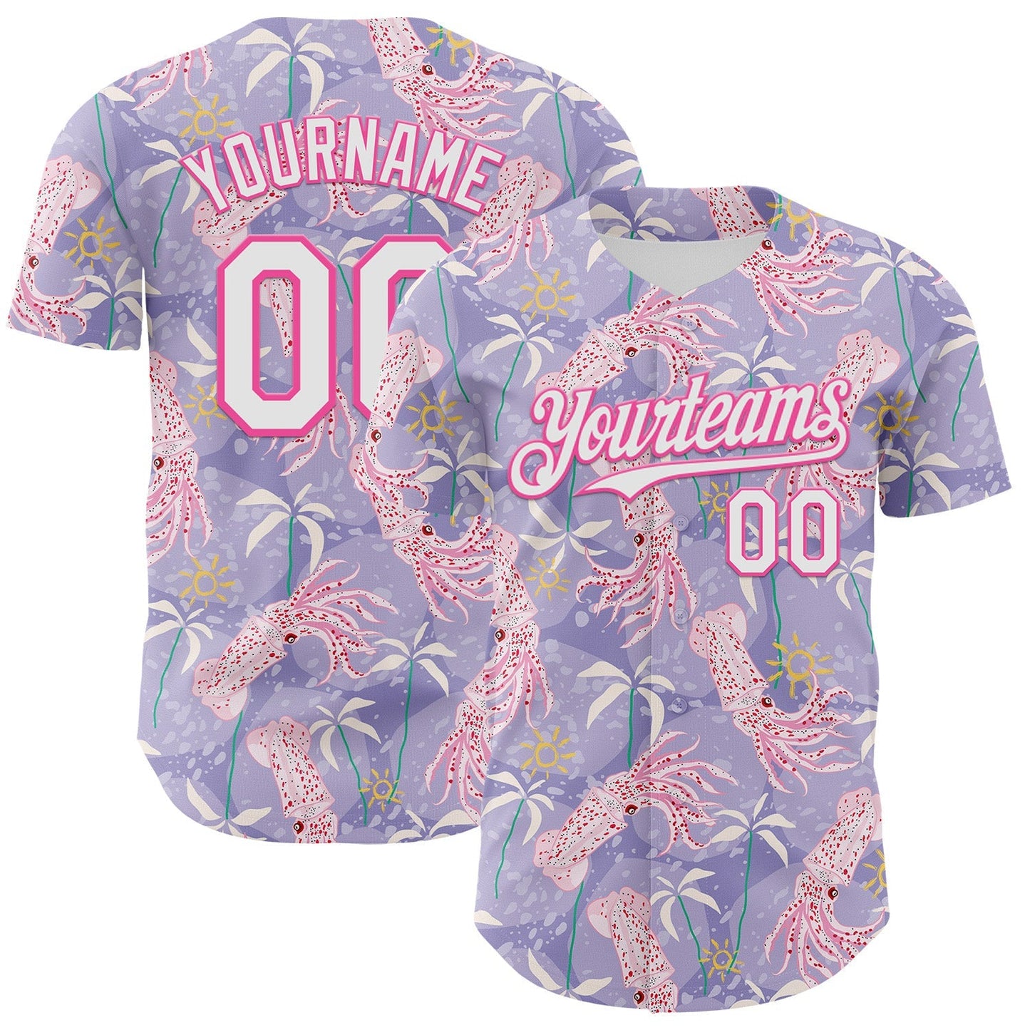 Custom Light Purple White-Pink 3D Hawaii Beach Tropical Octopus Authentic Baseball Jersey baseball jersey product view 1