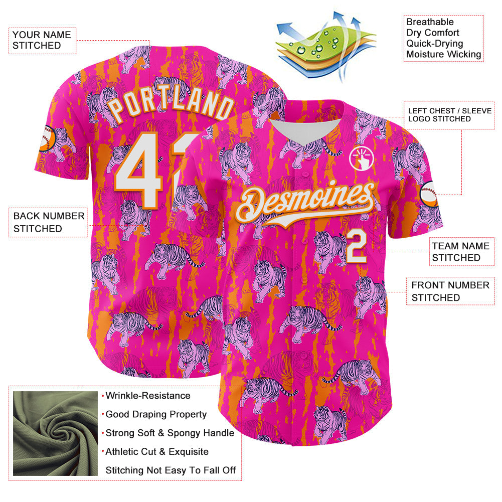 Custom Deep Pink White-Bay Orange 3D Hawaii Tropical Animal Tiger Authentic Baseball Jersey baseball jersey product view 3