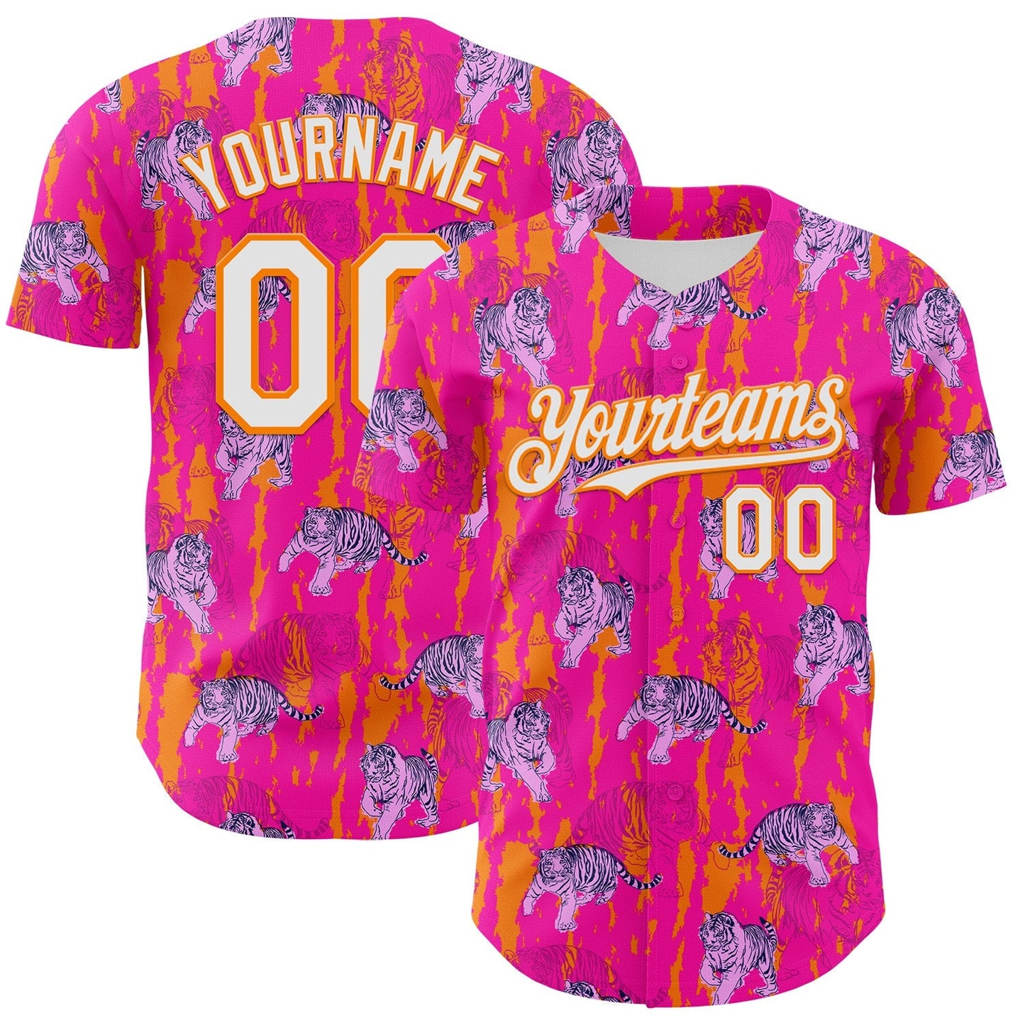 Custom Deep Pink White-Bay Orange 3D Hawaii Tropical Animal Tiger Authentic Baseball Jersey baseball jersey product view 1