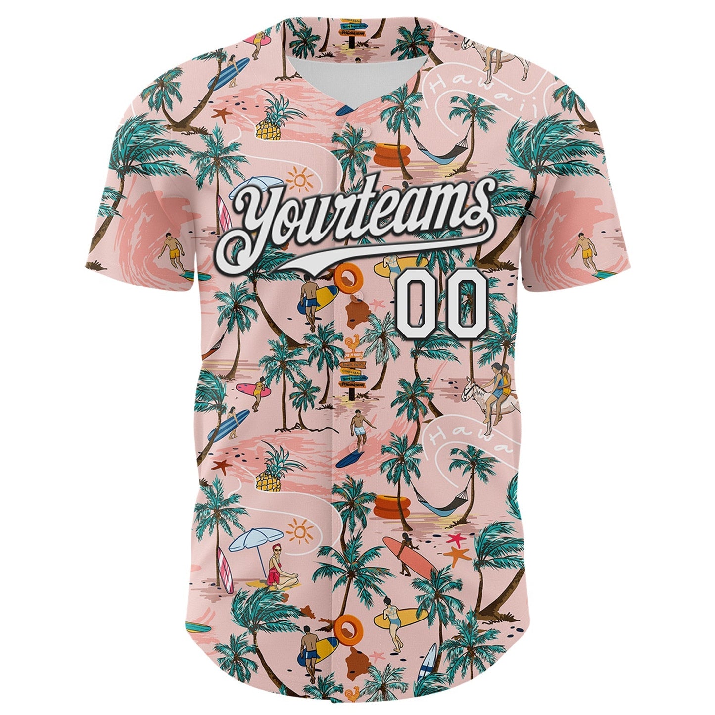 Custom Medium Pink White-Black 3D Hawaii Beach Tropical Palm Tree Surfing Authentic Baseball Jersey baseball jersey product view 2