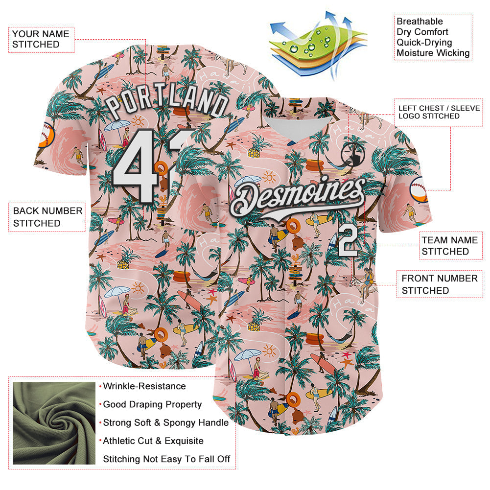Custom Medium Pink White-Black 3D Hawaii Beach Tropical Palm Tree Surfing Authentic Baseball Jersey baseball jersey product view 3