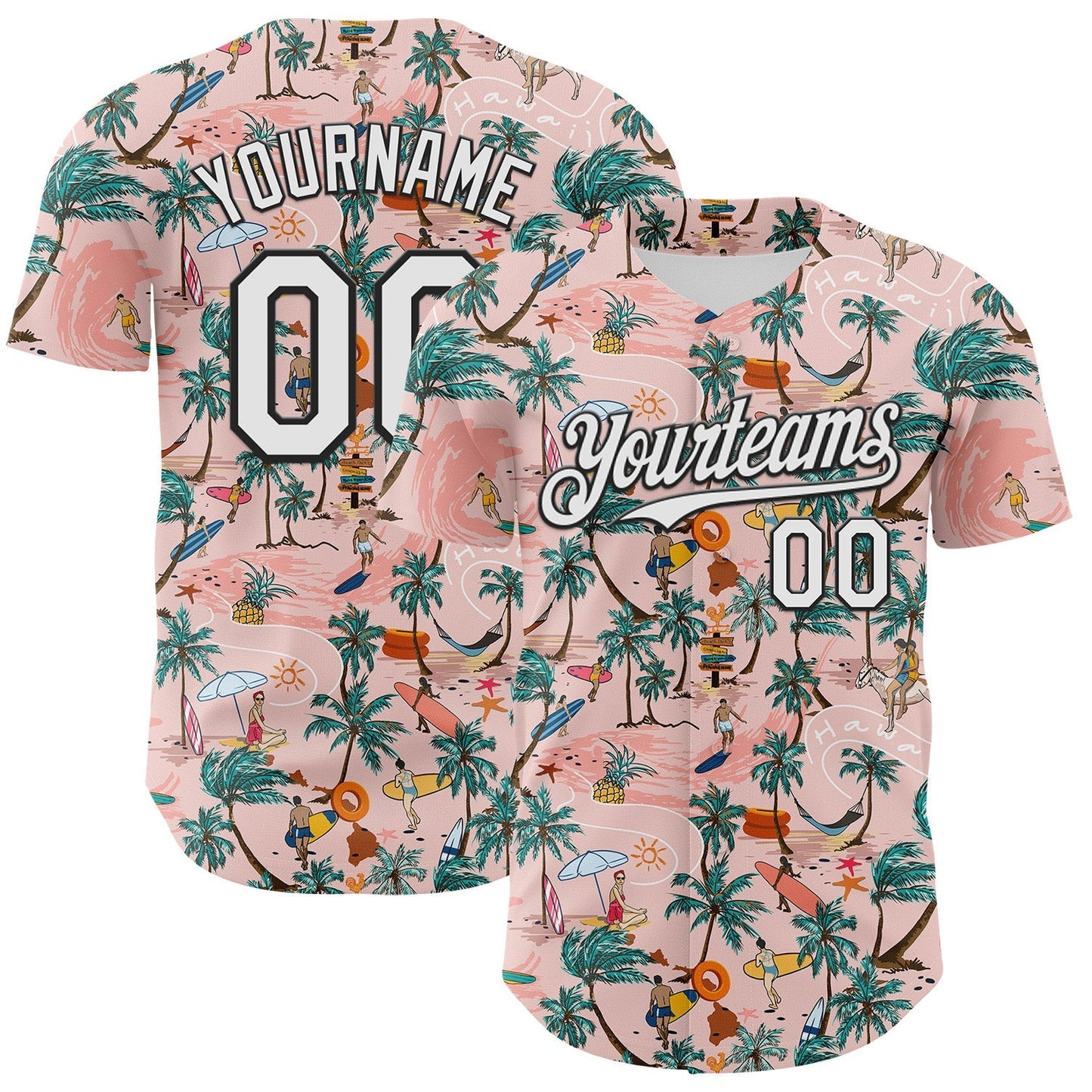 Custom Medium Pink White-Black 3D Hawaii Beach Tropical Palm Tree Surfing Authentic Baseball Jersey baseball jersey product view 1