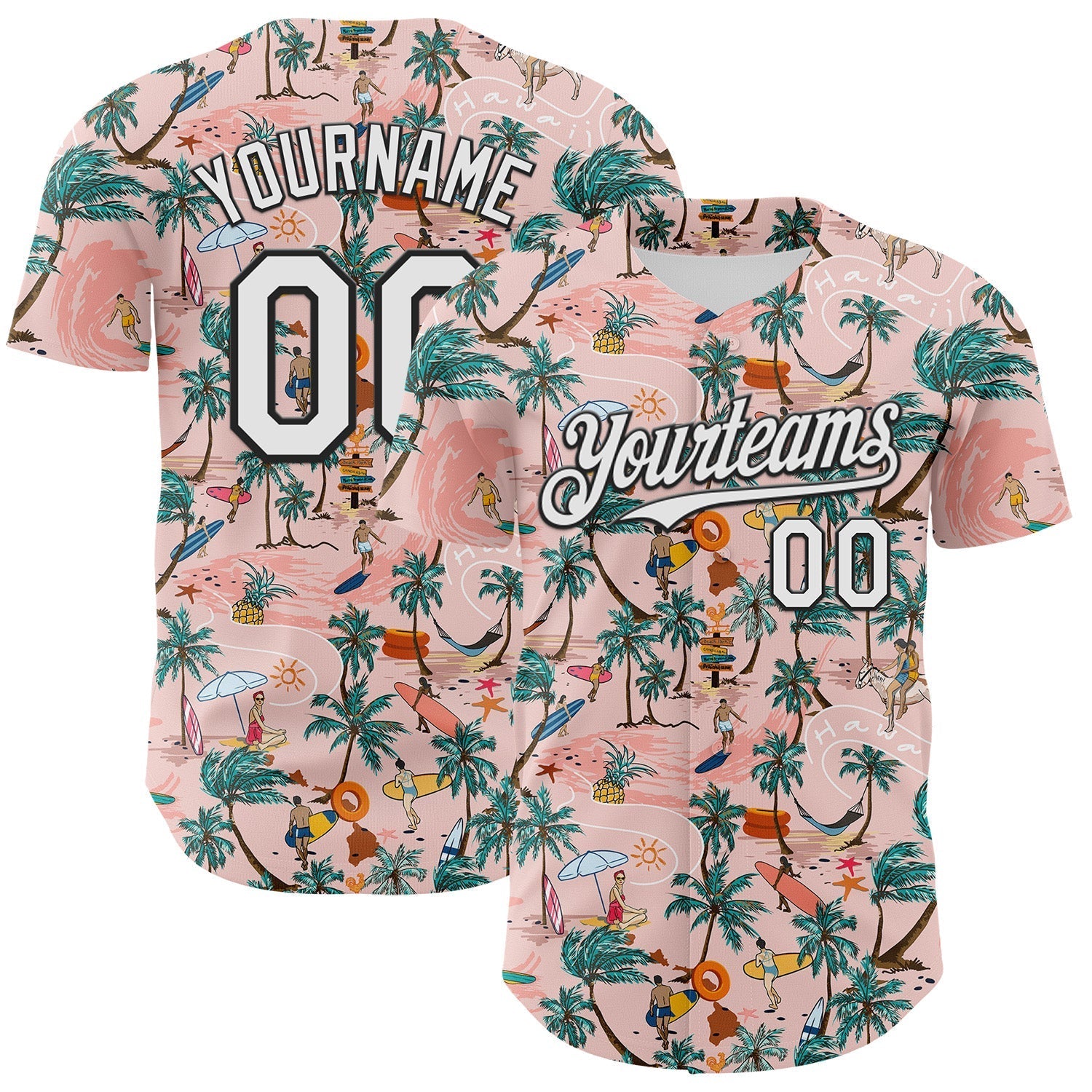 Custom Medium Pink White-Black 3D Hawaii Beach Tropical Palm Tree Surfing Authentic Baseball Jersey baseball jersey product view 1