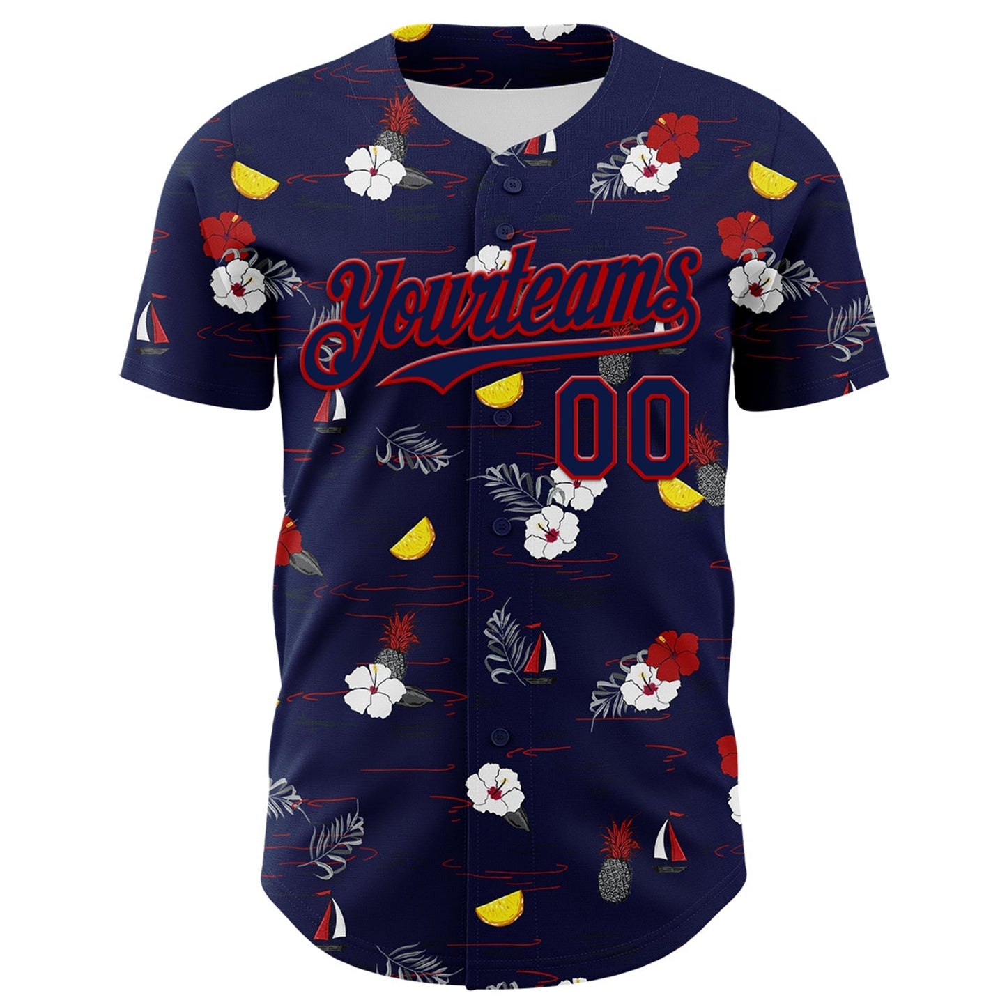 Custom Navy Red 3D Hawaii Tropical Leaves And Flowers Authentic Baseball Jersey baseball jersey product view 2