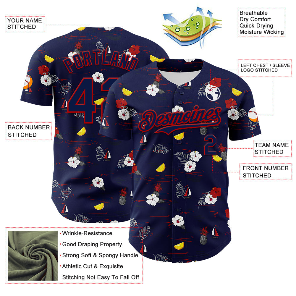 Custom Navy Red 3D Hawaii Tropical Leaves And Flowers Authentic Baseball Jersey baseball jersey product view 3