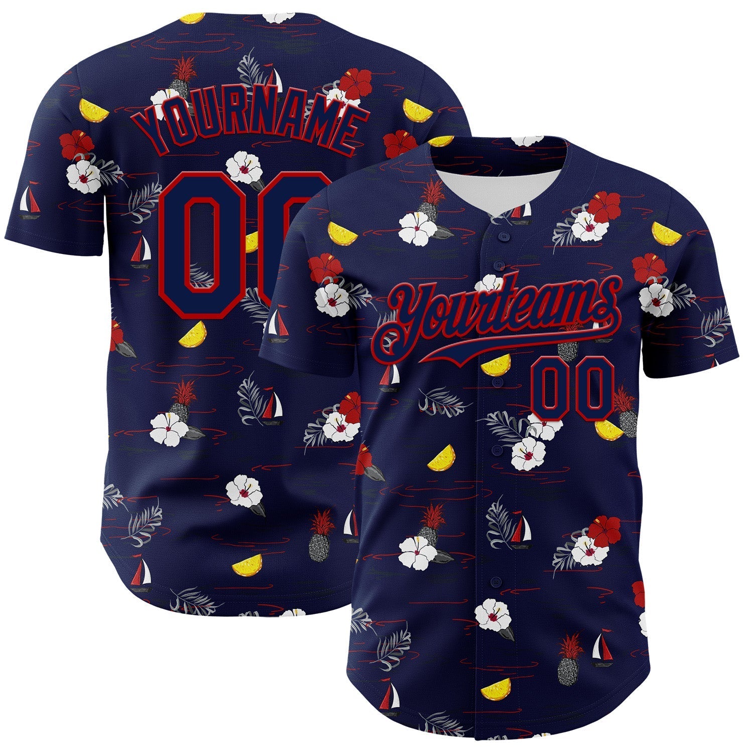 Custom Navy Red 3D Hawaii Tropical Leaves And Flowers Authentic Baseball Jersey baseball jersey product view 1