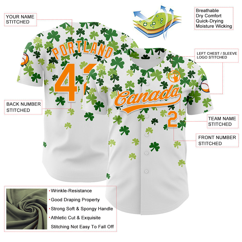 Custom White Bay Orange-Green 3D St. Patrick's Day Shamrock Authentic Baseball Jersey baseball jersey product view 3