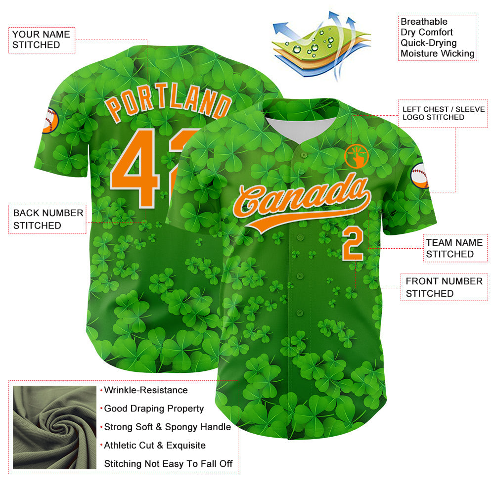 Custom Green Bay Orange-White 3D St. Patrick's Day Shamrock Authentic Baseball Jersey baseball jersey product view 3