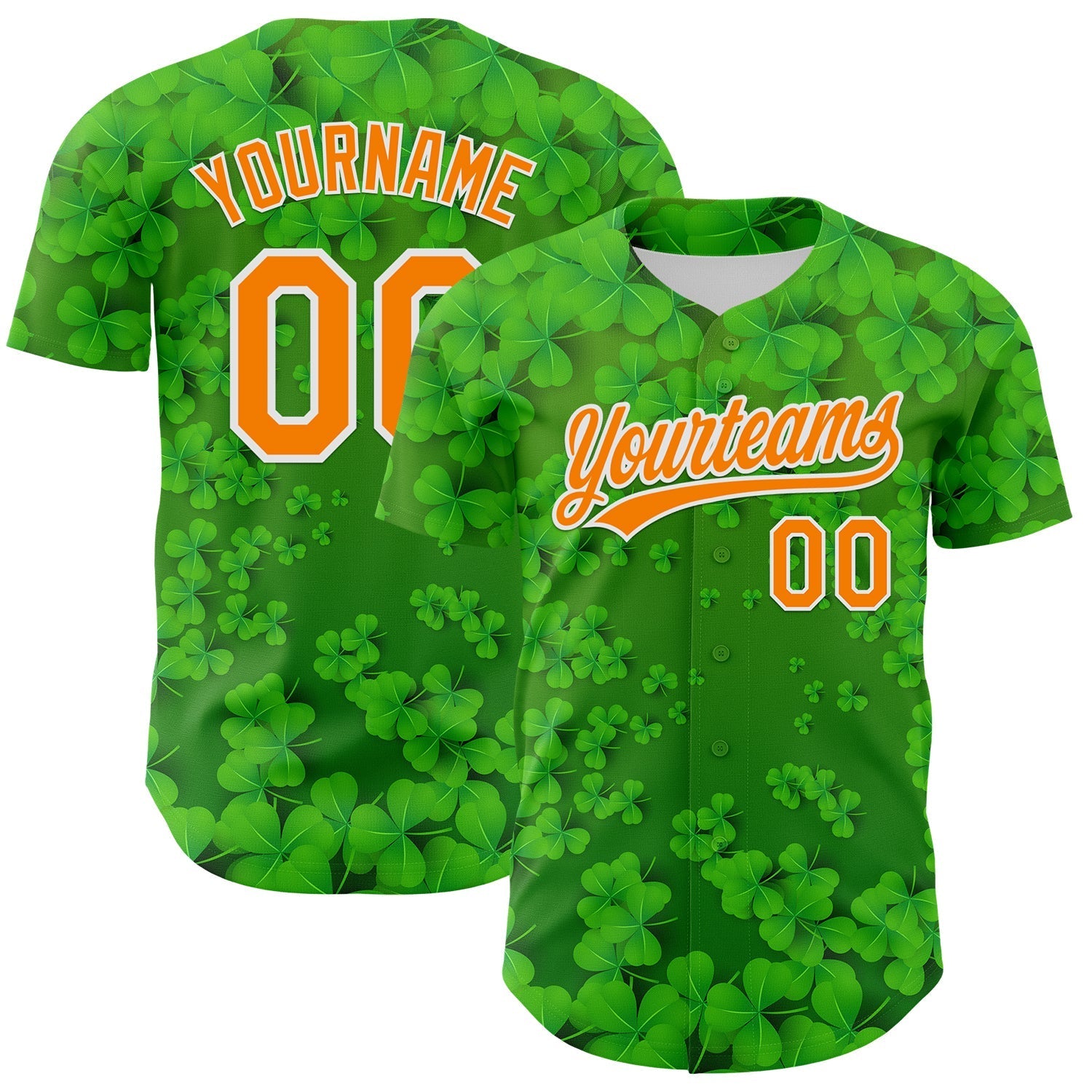 Custom Green Bay Orange-White 3D St. Patrick's Day Shamrock Authentic Baseball Jersey baseball jersey product view 1