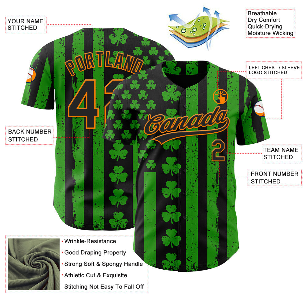 Custom Green Black-Bay Orange 3D St. Patrick's Day Shamrock Authentic Baseball Jersey baseball jersey product view 3