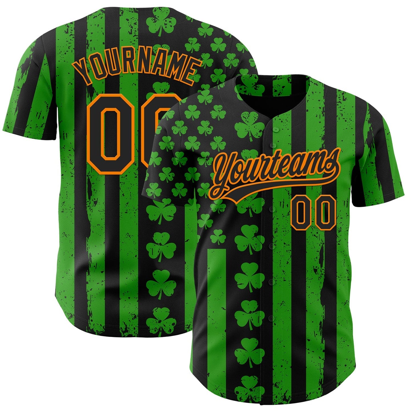 Custom Green Black-Bay Orange 3D St. Patrick's Day Shamrock Authentic Baseball Jersey baseball jersey product view 1
