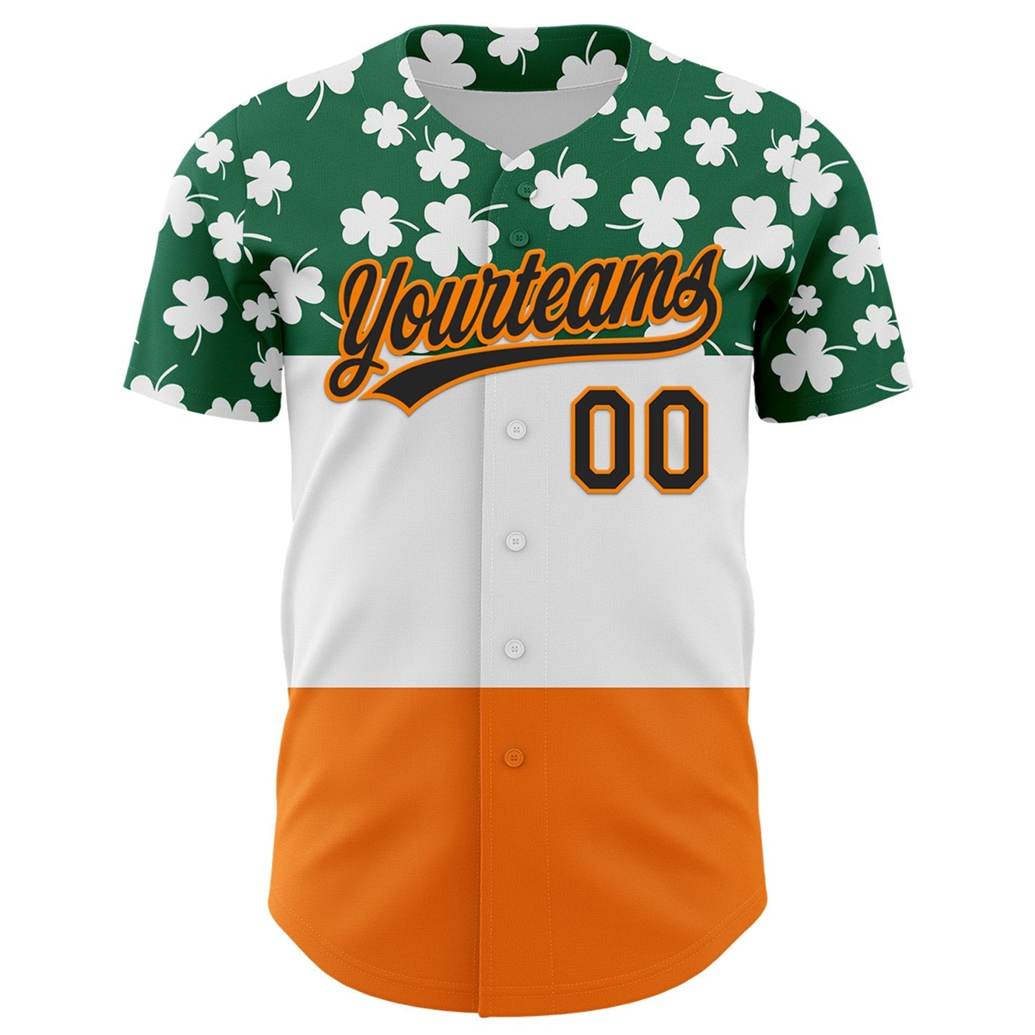 Custom Kelly Green Black-Bay Orange 3D St. Patrick's Day Shamrock Authentic Baseball Jersey baseball jersey product view 2