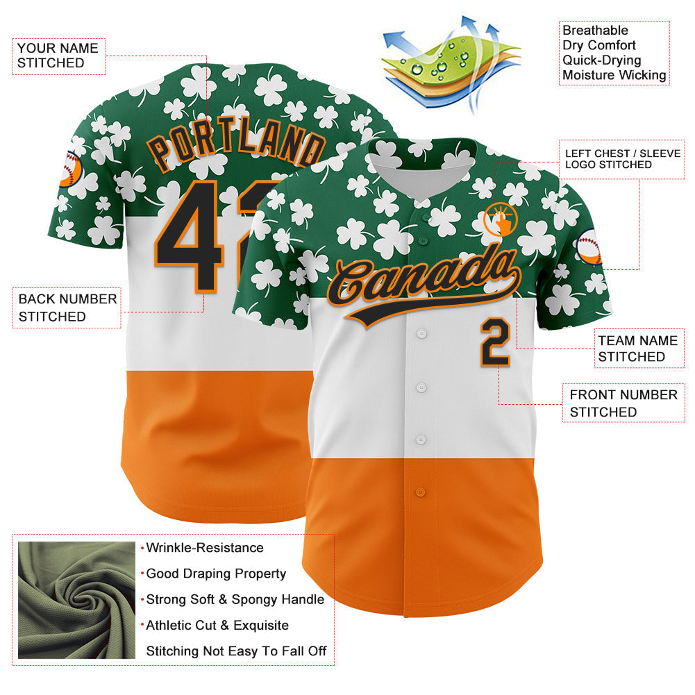 Custom Kelly Green Black-Bay Orange 3D St. Patrick's Day Shamrock Authentic Baseball Jersey baseball jersey product view 3