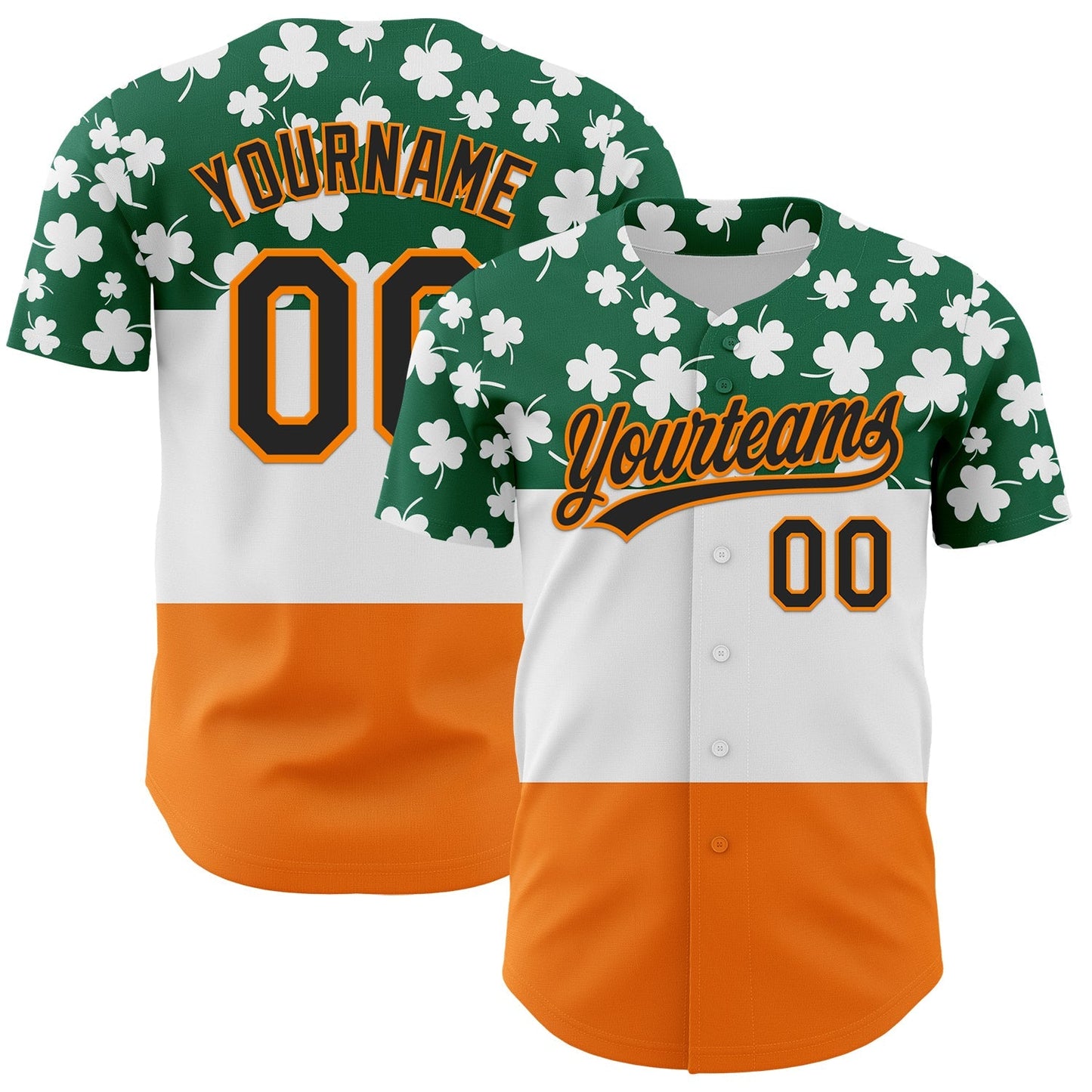 Custom Kelly Green Black-Bay Orange 3D St. Patrick's Day Shamrock Authentic Baseball Jersey baseball jersey product view 1